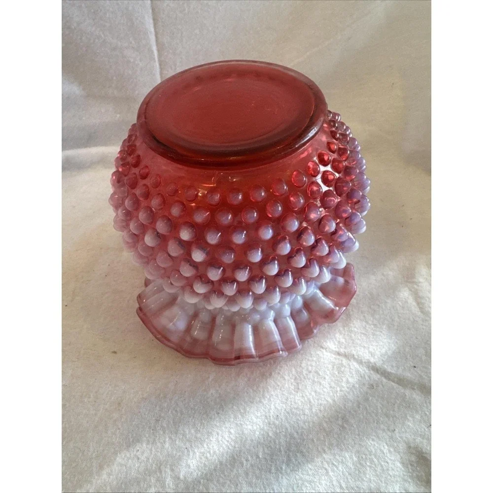 FENTON Hobnail Opalescent Ruffled Crimp Cranberry‎ Art Glass Rose Bowl Vase 5x6